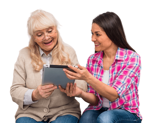 young carer showing elderly patient her progress using a free incontinence resource on a tablet