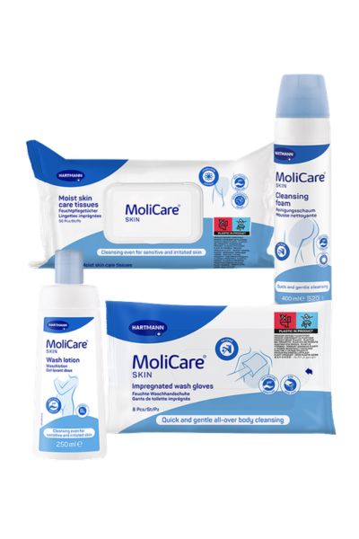A selection of MoliCare® Skin products for gentle cleansing and everyday skin care, including moist skin care tissues, cleansing foam, wash lotion and impregnated wash gloves.