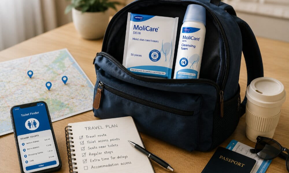 Travel planning essentials including a backpack with MoliCare® Skin products, map, passport and travel checklist.